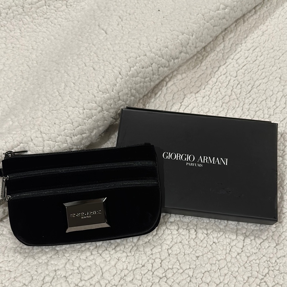 Giorgio Armani Parfums Black Pouch with Black Detail w/ Box. NIB. Velvet